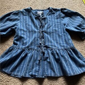Ganni Women's Blue Striped Print Cotton Tie Front Top Size 34 US 2-4